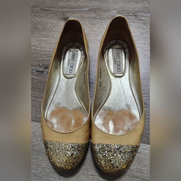 Jimmy Choo Whirl Ballet Flats Tan Beige  Glitter Cap Toe Patent Leather Sz 35.5 - Picture 1 of 11